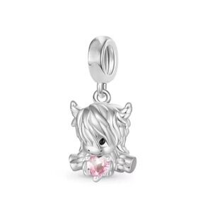 New Highland Cow with Pink Heart Charm - S925